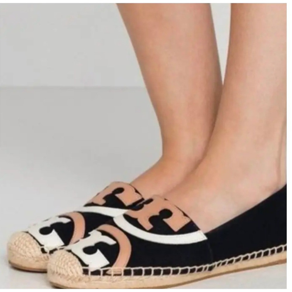 Tory Burch Espadrilles Womens 10 Navy Blue Excellent Ines Leather Logo Flat